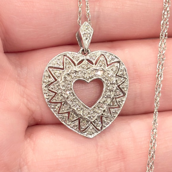 ADL Jewelry - 10K Diamond Heart Necklace, Dainty Filigree, Lavalier Style, White Gold, ADL